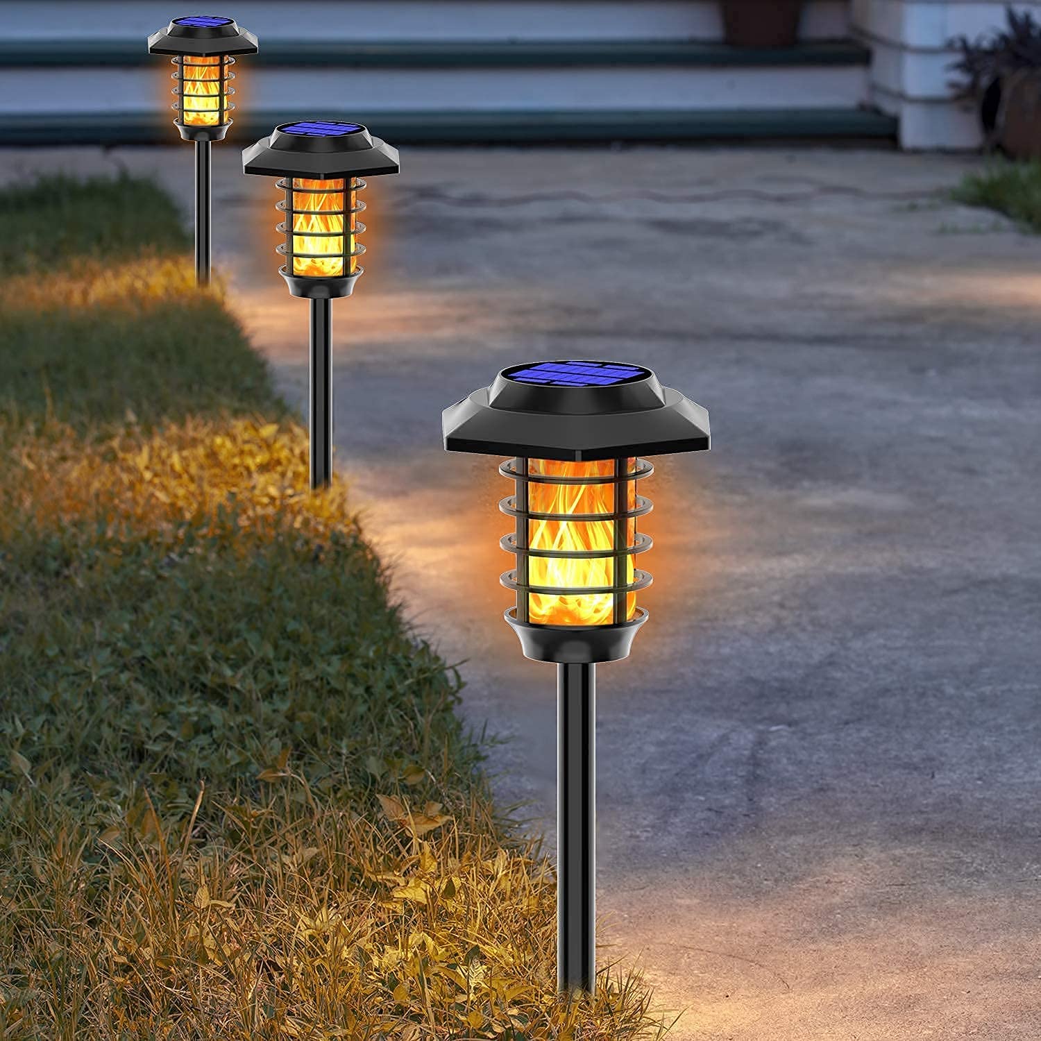 Junovo 2 Pack Solar Flickering Flame Light Solar Powered Pathway Light Waterproof Outdoor Garden Landscape Light for Patio Deck Yard