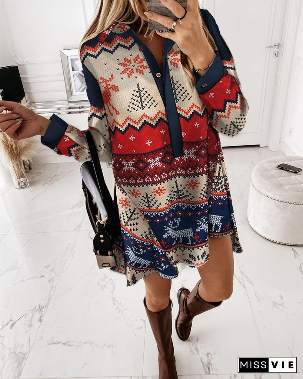 Christmas Print Buttoned Shirt Dress