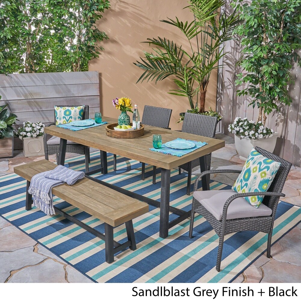 Tara Outdoor 6 Piece Wood and Wicker Dining Set with Chairs and Bench by Christopher Knight Home