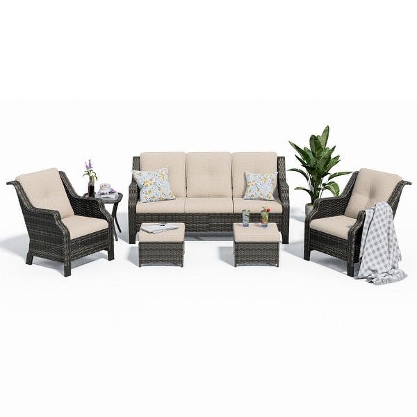 Cozywor 6Piece Outdoor Patio Rattan Wicker Chairs with Side Table and Two Ottomans for Backyard Porch Deck，Metal Rocking Frame