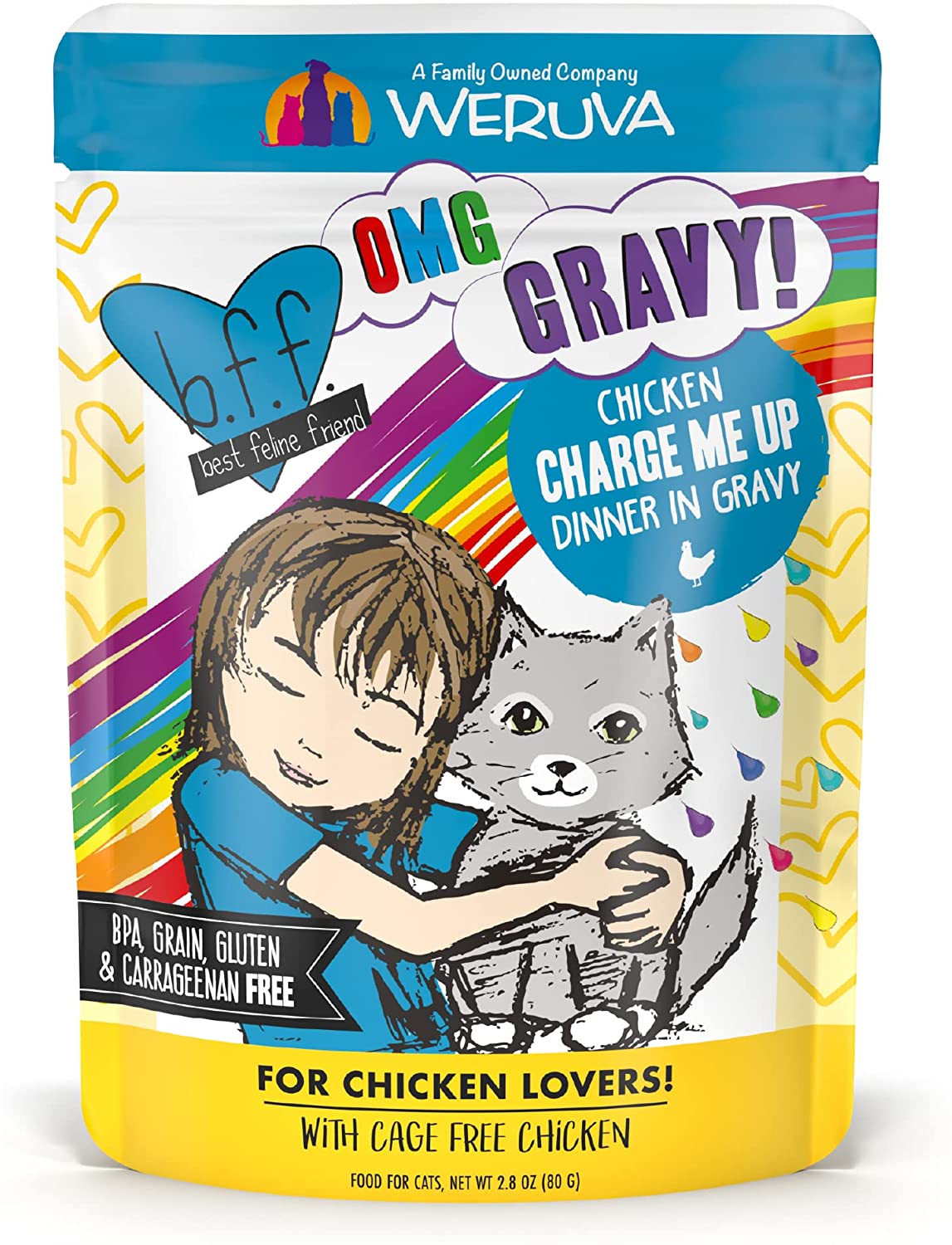 Weruva Wet Cat Food B.F.F. OMG - Best Feline Friend Oh My Gravy!， Chicken Charge Me Up with Chicken in Gravy， 2.8oz Pouch (Pack of 12)