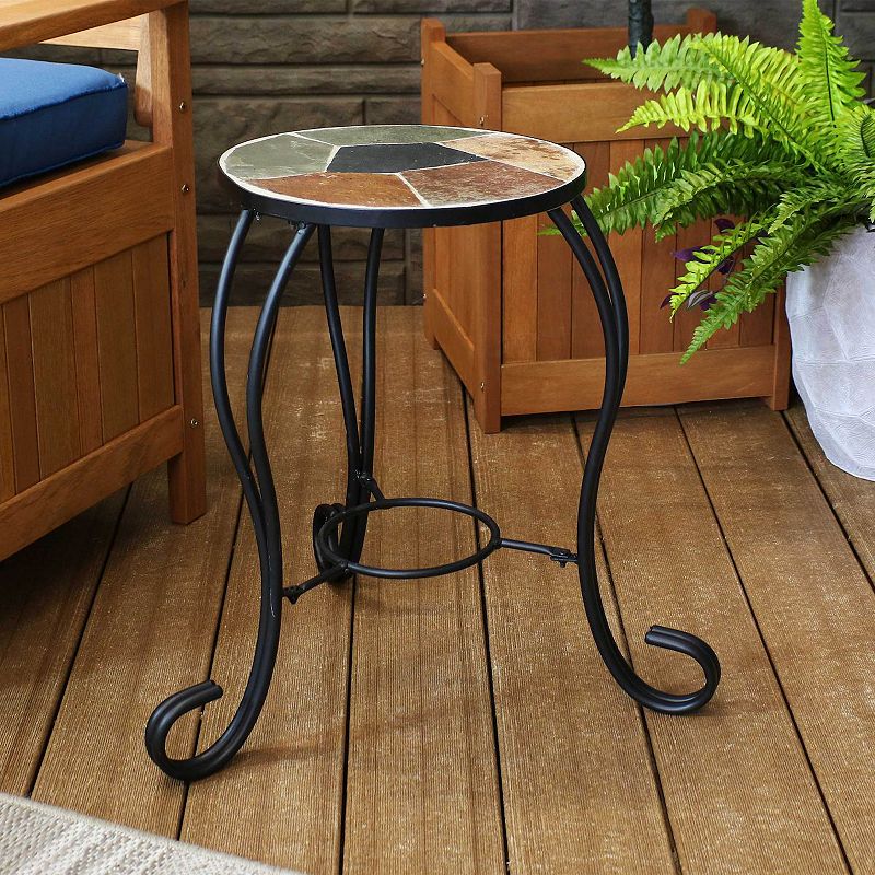 Sunnydaze 12.75 in Mosaic Slate Tile Round Patio Side Table Plant Stand