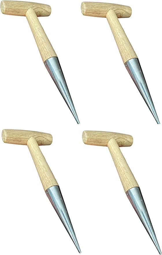 Garden Guru Steel Dibber Planter Tool for Planting Seeds and Bulbs High Carbon Steel and Comfortable Wood Carved Handle for Consistent Planting Flowers Tulips Daffodils Dahlias 4 Pack