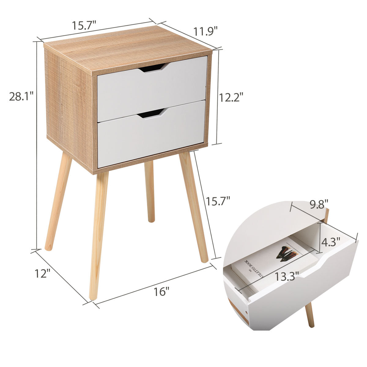 LOAOL Set of 2 Vintage Nightstand with 2 Drawers for Bedroom, White