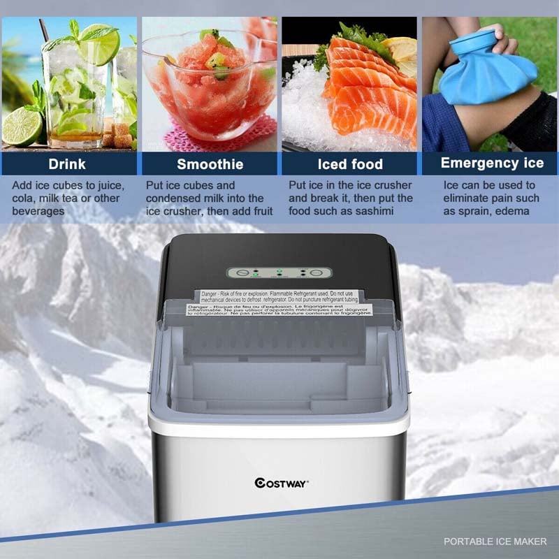 26LBS/24H Portable Ice Maker Countertop, Auto-Clean Stainless Steel Ice Machine