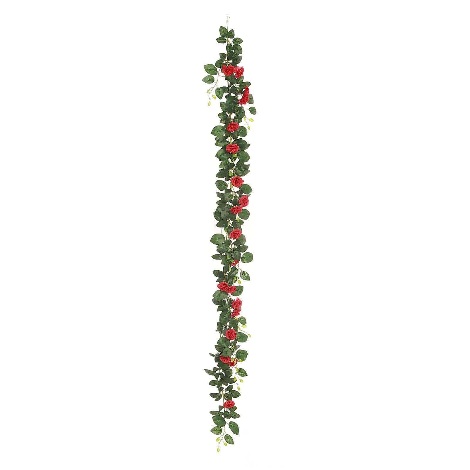 20 Red Artificial Silk Roses Flower Garland, Hanging Vine 6ft