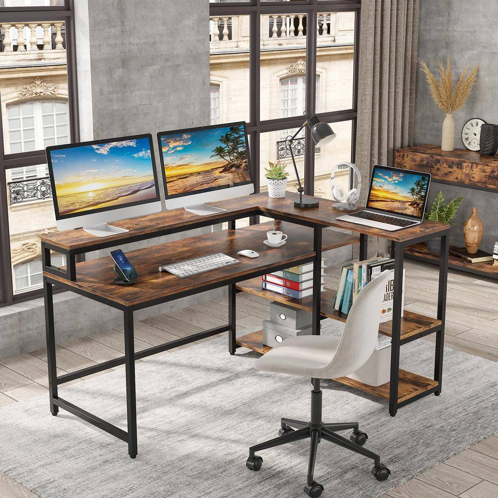 TRIBESIGNS WAY TO ORIGIN Halseey 55 in. W L-Shaped Brown Corner Computer Desk Writing Studying Reading Desk 2-Tier Storage Shelves Monitor Stand HD-JW0052-WZZ