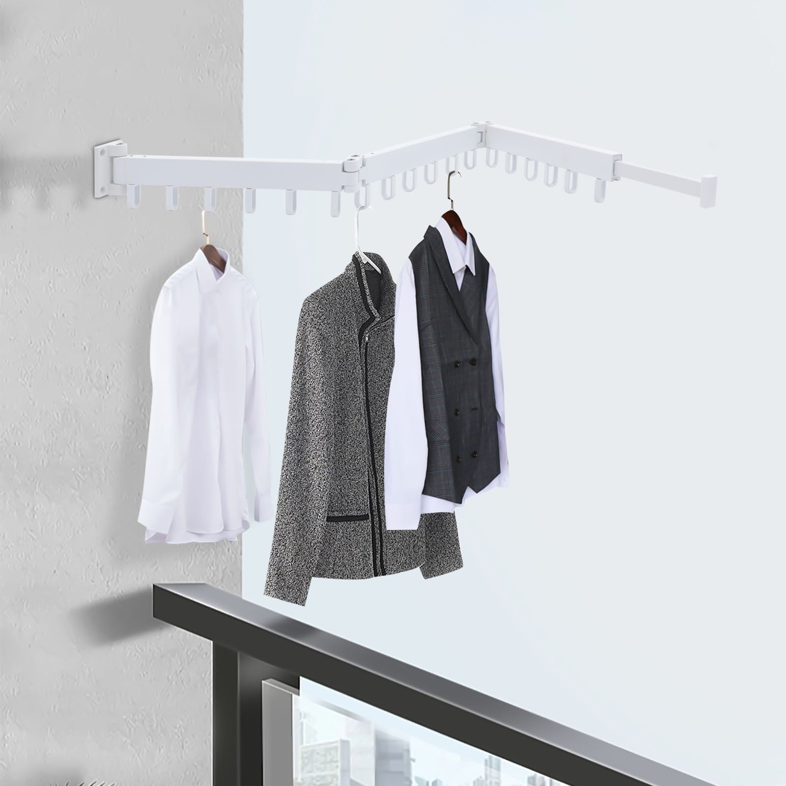 Loyalheartdy Wall Mounted Tri-Fold Clothes Drying Rack Retractable White Space Aluminum Laundry Drying Rack