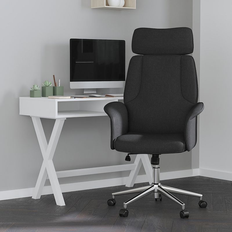 Merrick Lane Montreal Gray Fabric Upholstered Ergonomic Office Chair with Built-In Lumbar Support， Headrest and Waterfall Edge Seat