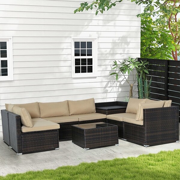 8Piece Brown Outdoor Rattan Furniture Sets with 6 Sofas，1 Coffee Table，Storage Box and Cushions