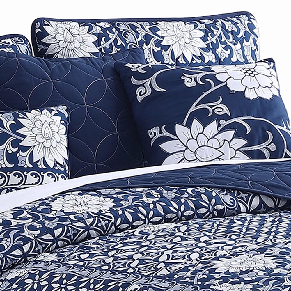 Ann 6 Piece King Size Polyester Quilt Set  Flowers  Reversible  Navy Blue