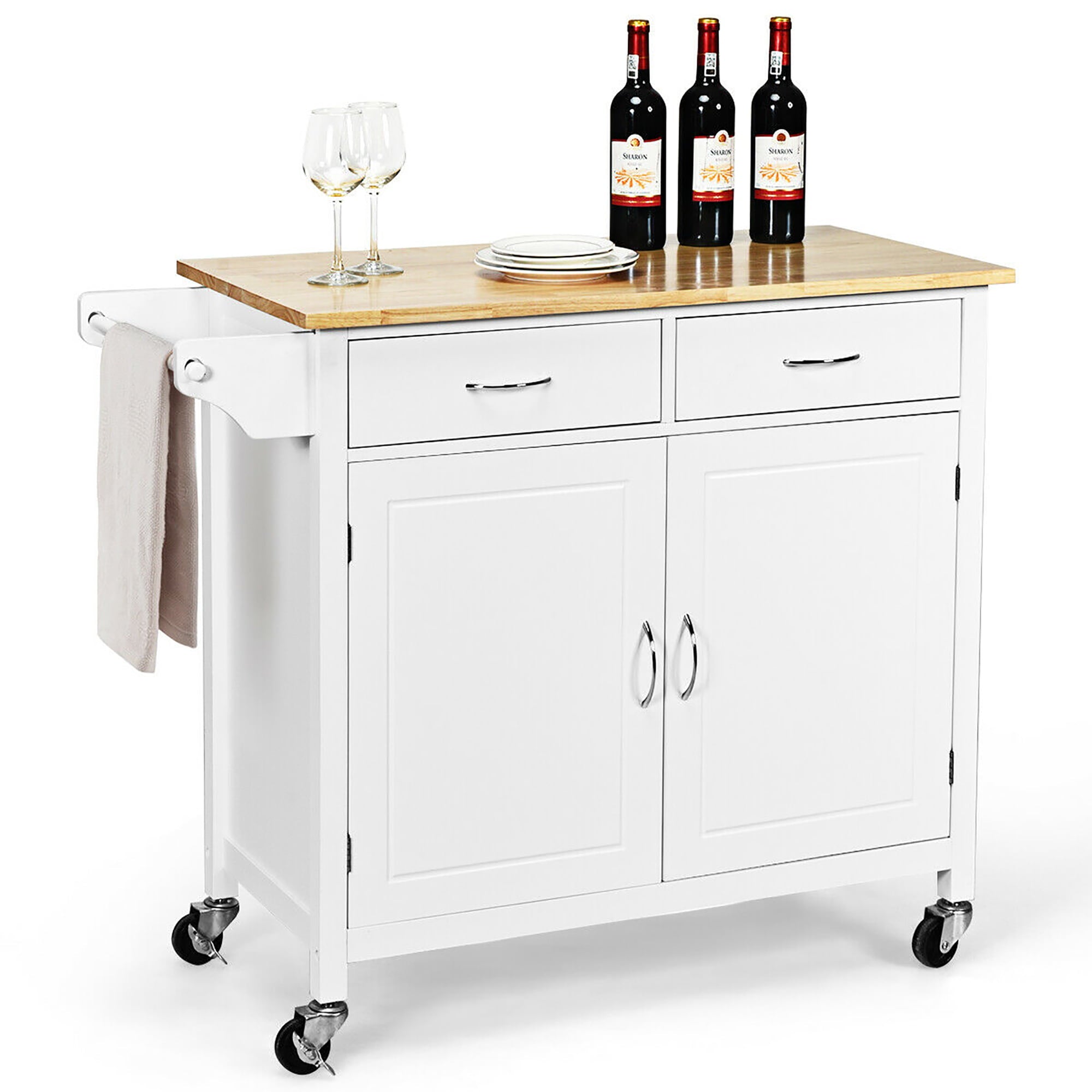 Costway Rolling Kitchen Cart Island Wood Top Storage Trolley Cabinet Utility Modern