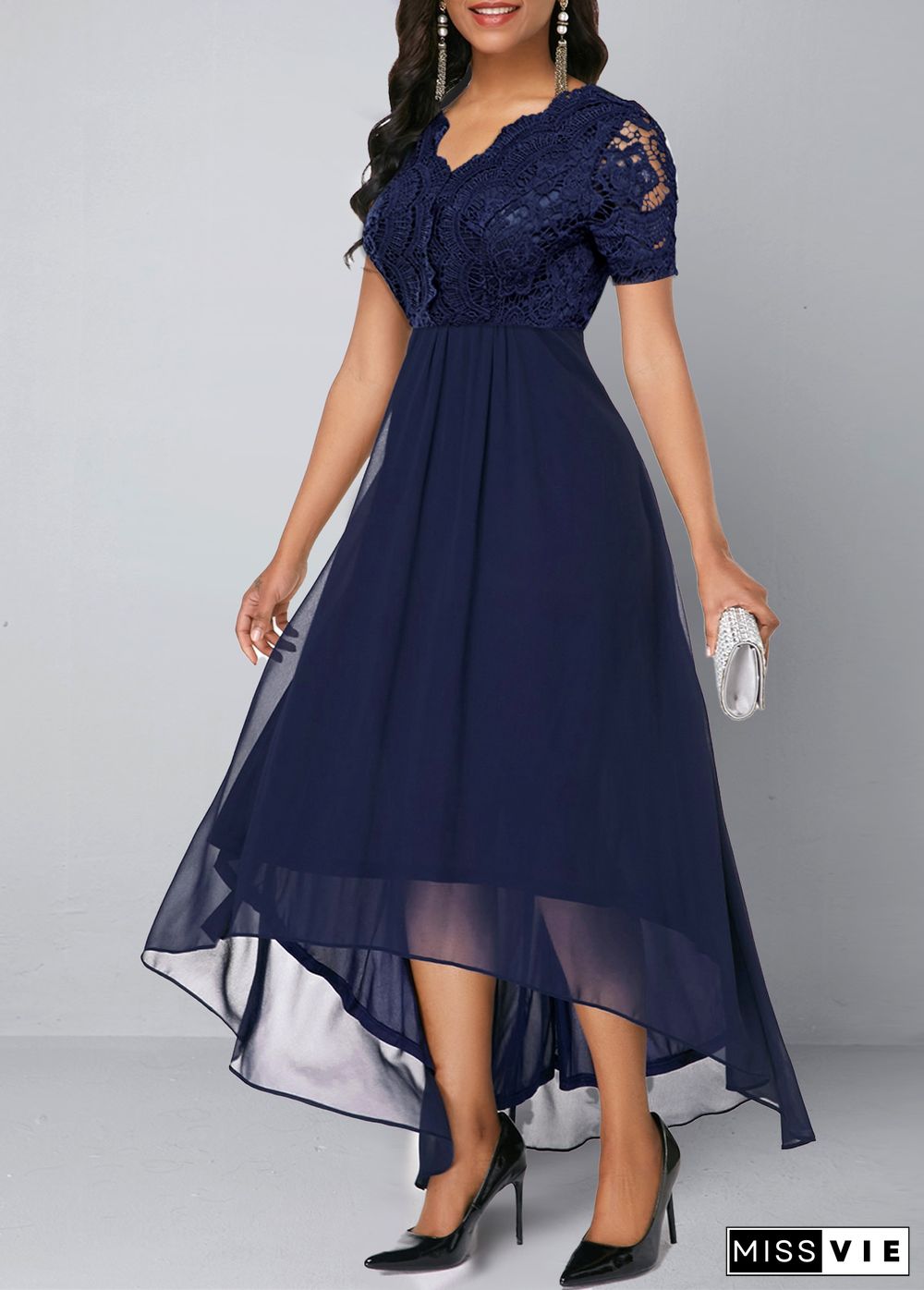 Chiffon Lace Stitching Asymmetric Hem Navy Blue Dress