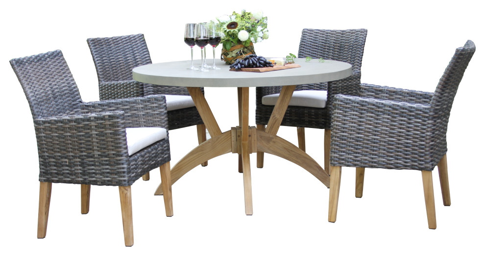 5 Piece Nautical Teak  Slate Brown Wicker and Composite Dining Set  Sunbrella   Tropical   Outdoor Dining Sets   by Outdoor Interiors  Houzz