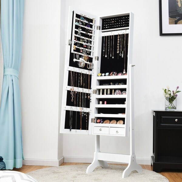 Lockable Mirrored Jewelry Cabinet Armoire Storage Organizer Box-White - White - 18'' x 14.5'' x 61.5'' (L x W x H) - - 37796226