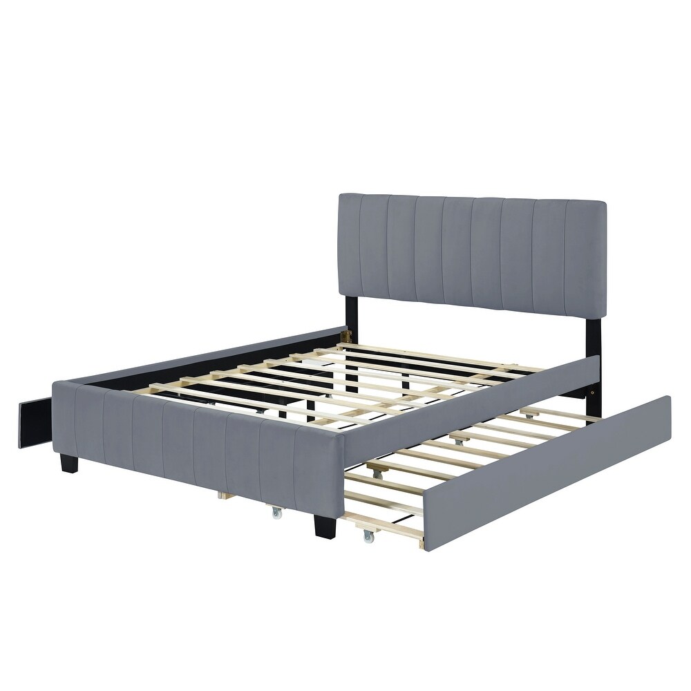 Queen Size Velvet Upholstered Platform Bed with Twin XL Size Trundle Bed  2 Storage Drawers and Headboard