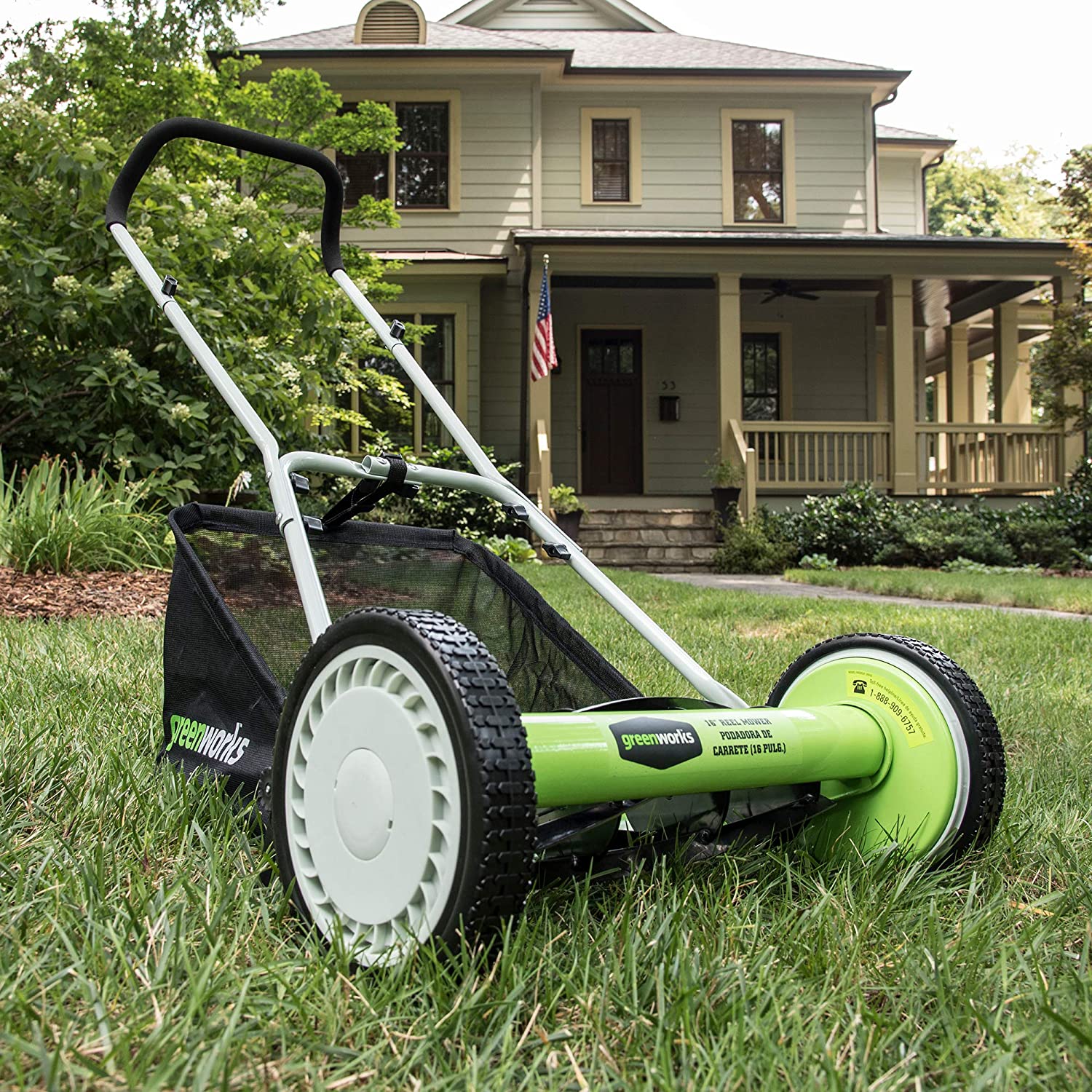 Greenworks 16-Inch Reel Lawn Mower with Grass Catcher 25052，Black/Green， 47