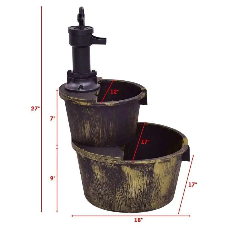 2 Tier Outdoor Rustic Pump Barrel Waterfall Fountain for Garden