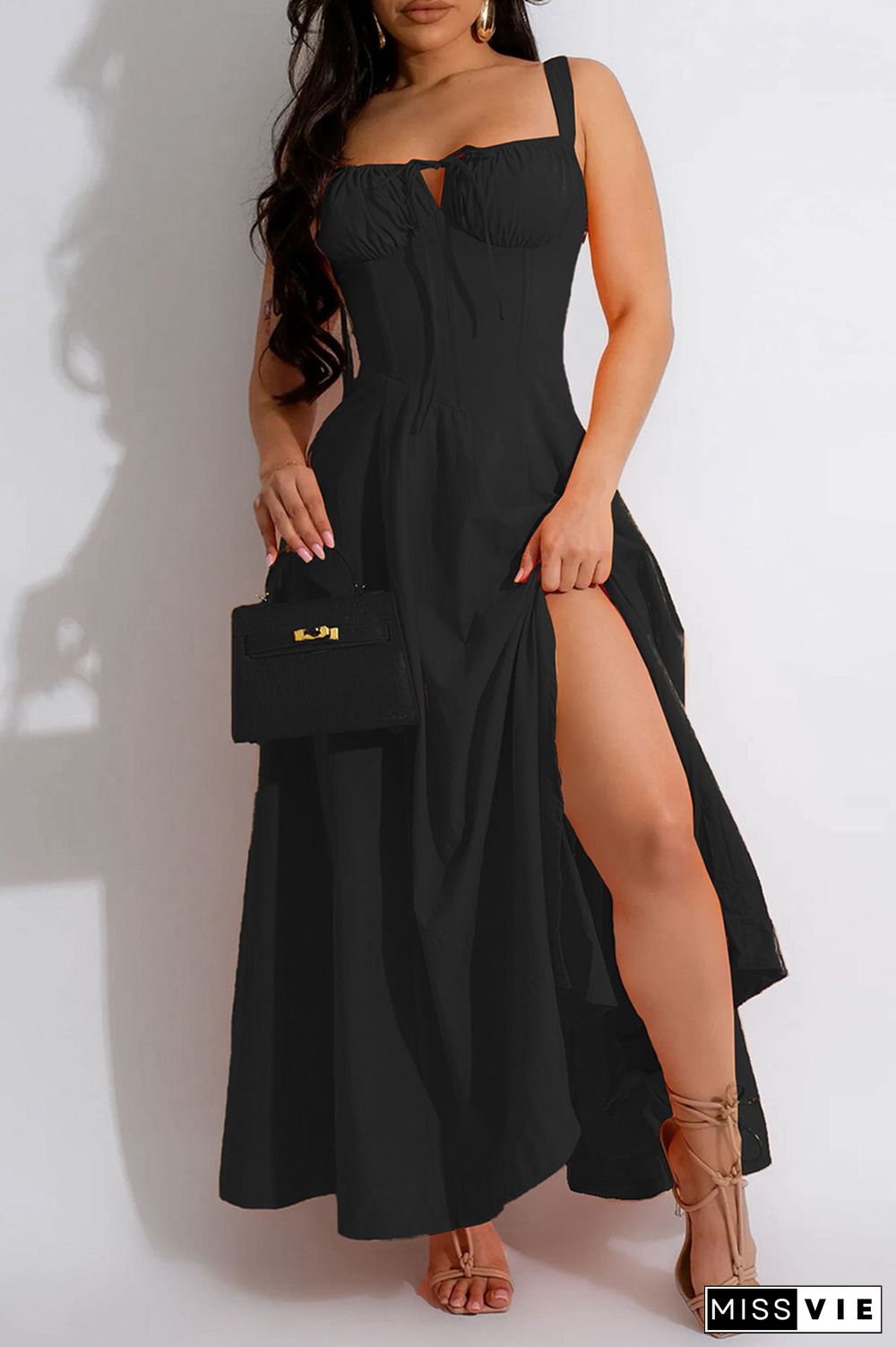 Casual Solid Frenulum Backless Spaghetti Strap Long Dresses