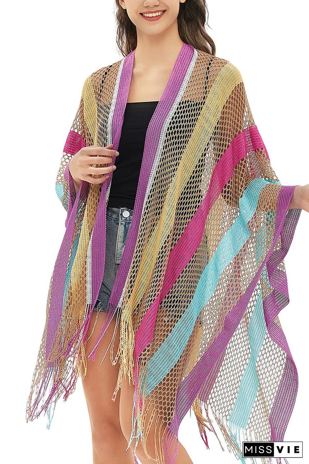 Colorful Stripes Tassle Eyelet Cover Up