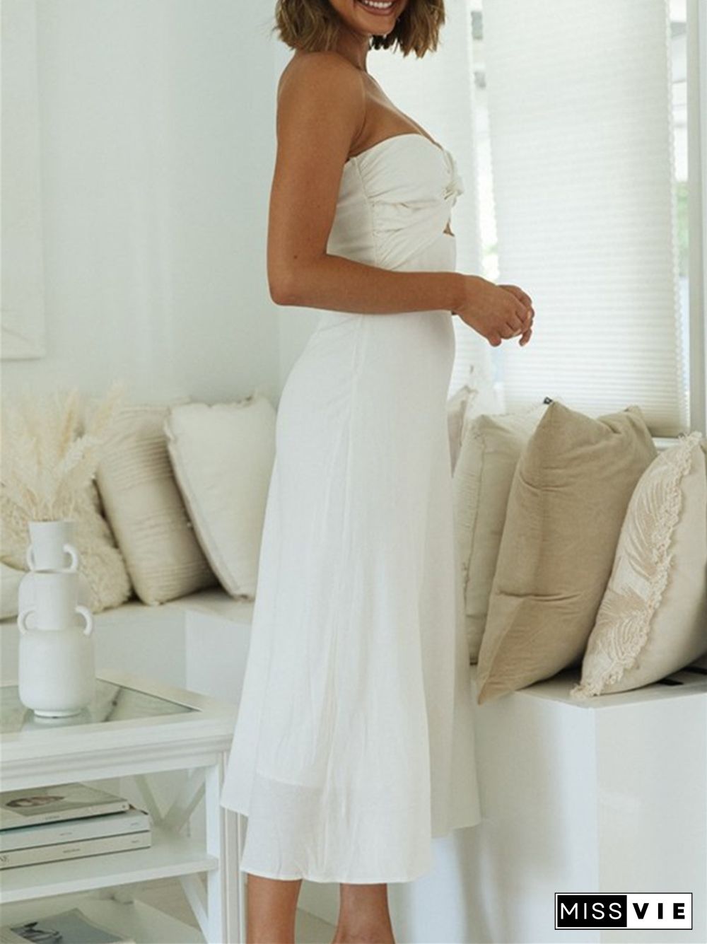 Solid Strapless Backless Waist Long Dress