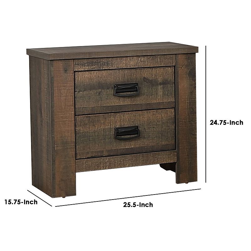 Wooden Nightstand with 2 Drawers and Saw Hewn Texture， Brown