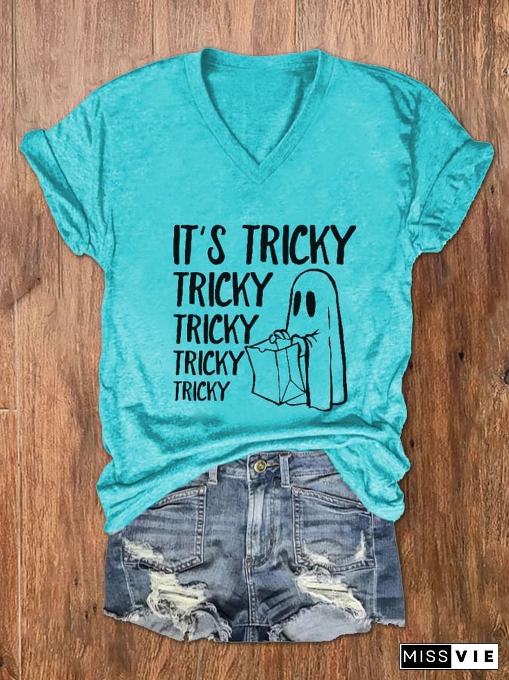 Women's It's Tricky Funny Halloween Print V-Neck T-Shirt