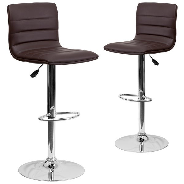 2 Pack Modern Brown Vinyl Adjustable Bar Stool with Back， Counter Height Swivel Stool with Chrome Pedestal Base