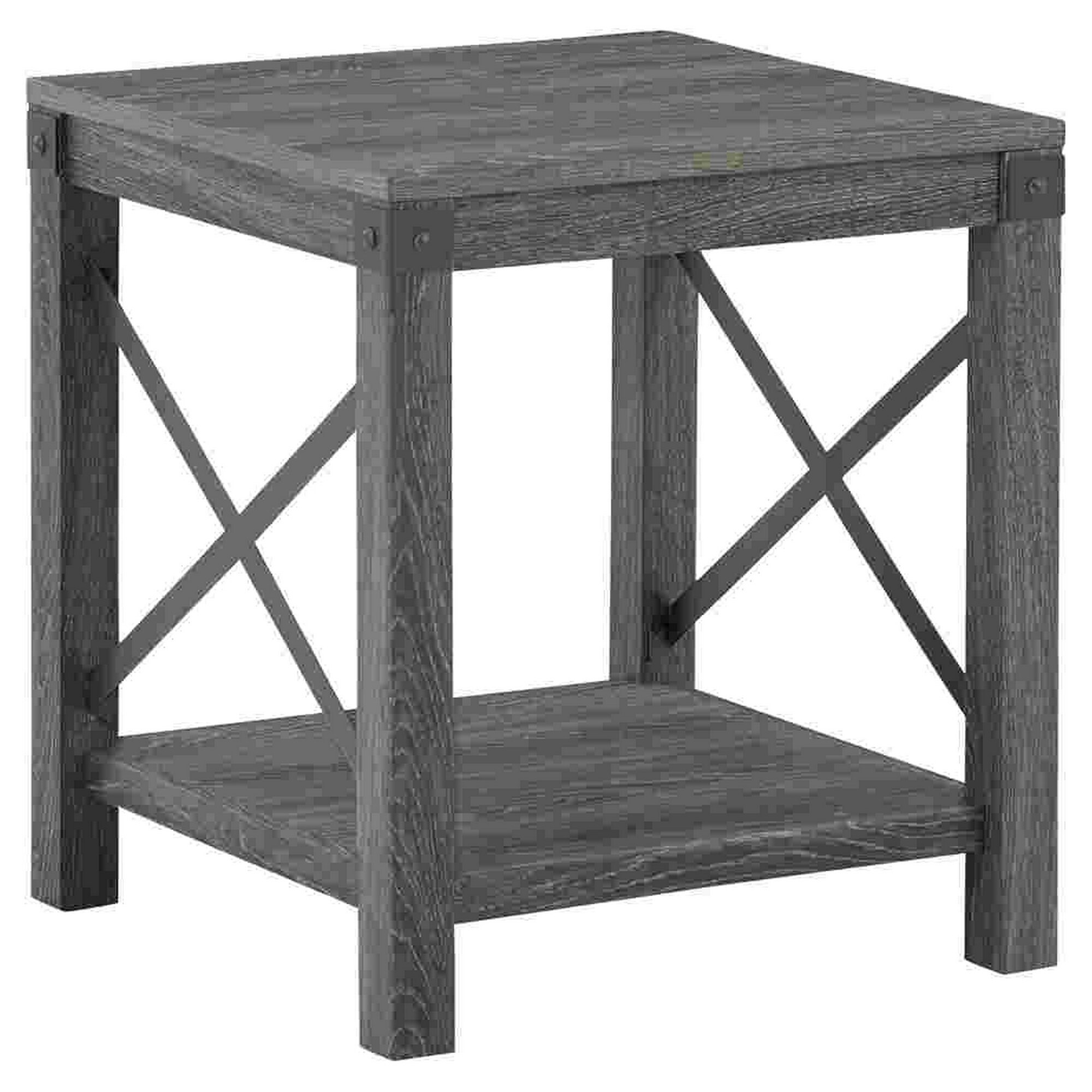 End Table with X Metal Accent and Grain Details， Gray