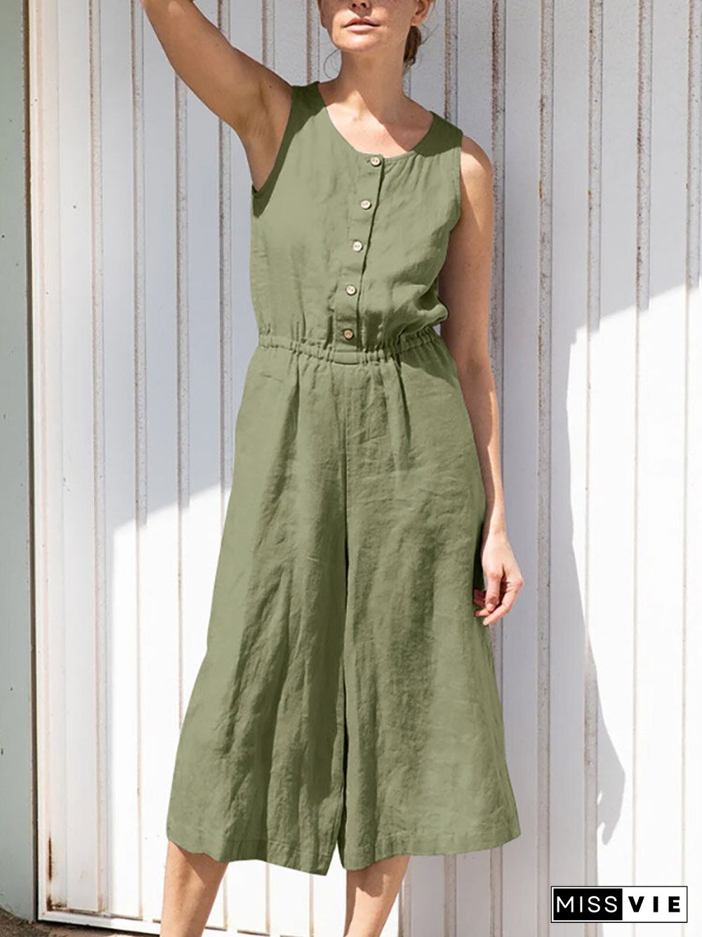 Solid Button Sleeveless Elastic Waist Wide Leg Jumpsuit