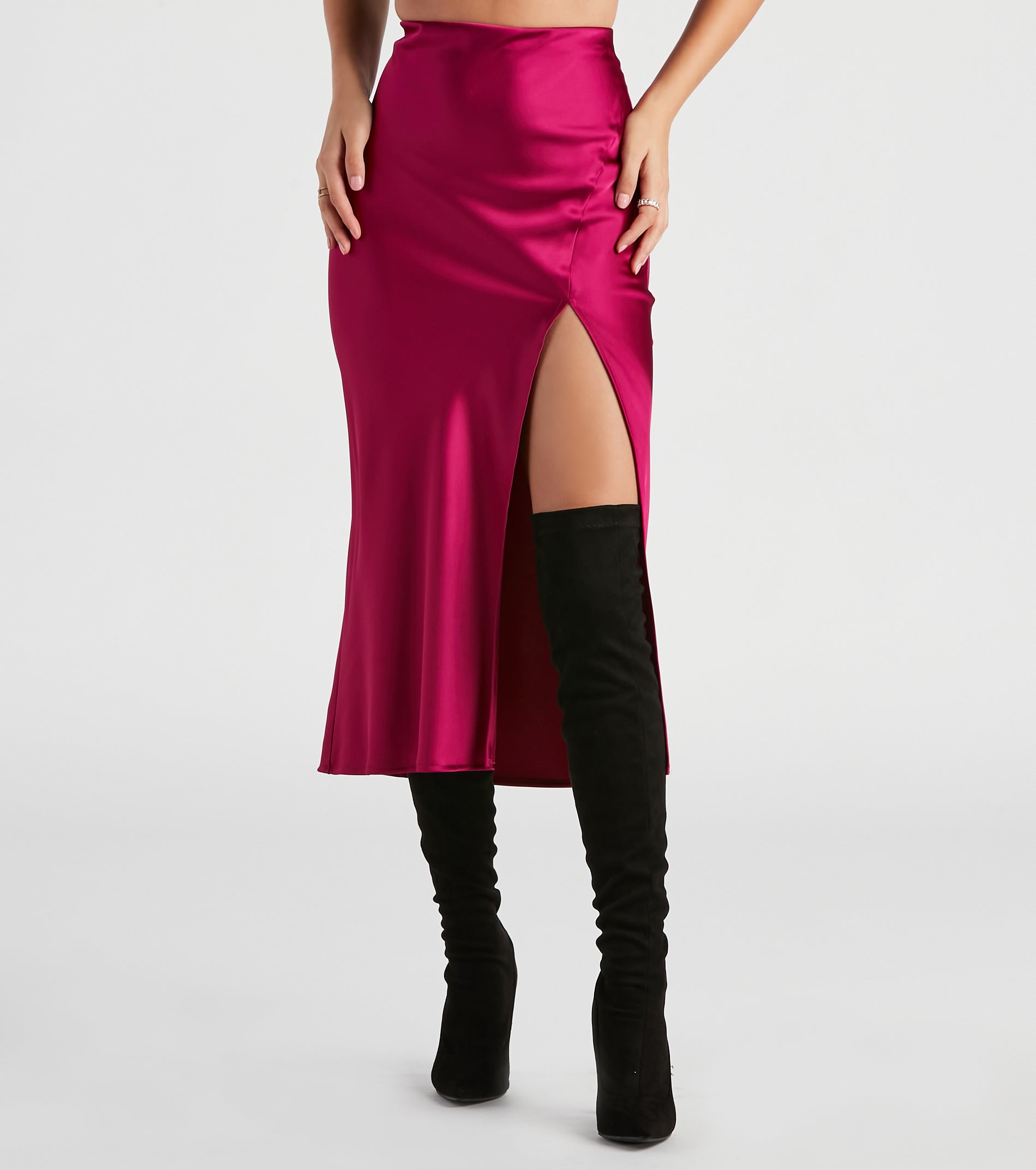 Scene Stealer High Slit Satin Midi Skirt