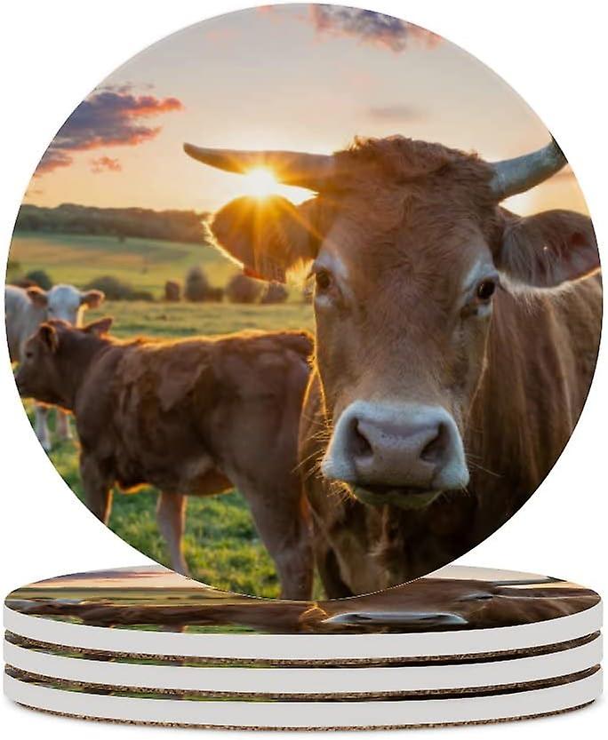 2pcs Round Cows In Field During Sunset Ceramic Coasters With Cork-backed For Coffee Drink Cup Mat Absorbent Stone Coasters