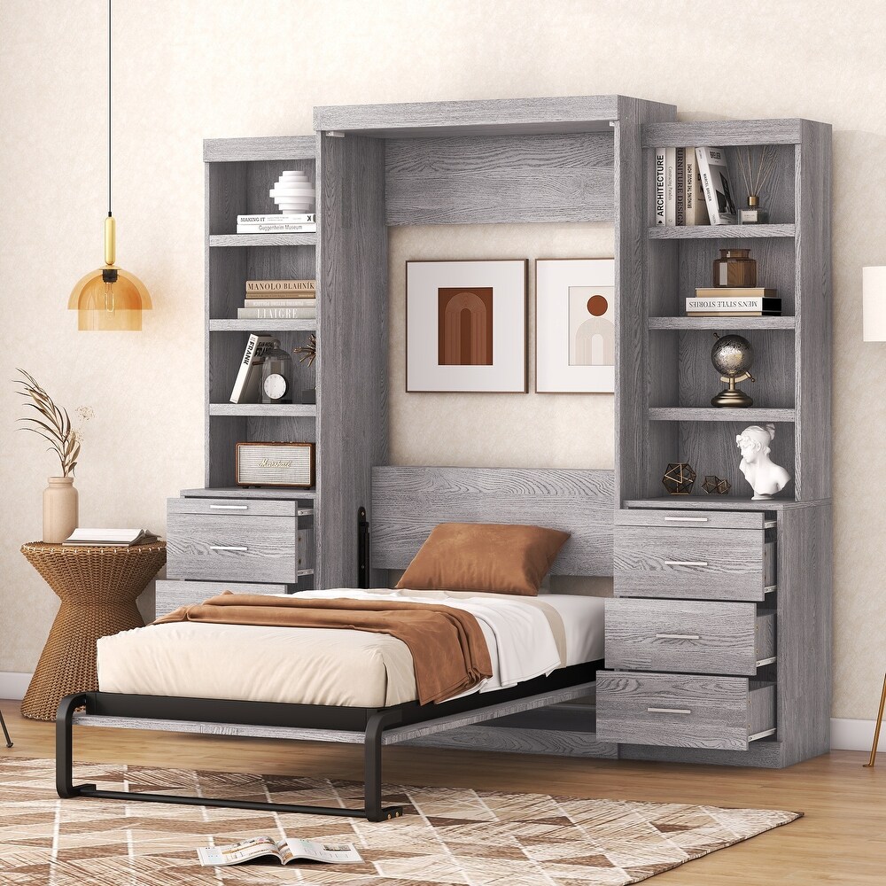 Modern Murphy Bed with Storage Shelves   Drawer  Wall Bed Can Be Folded into a Cabinet  for Bedroom  Living Room or Home Office