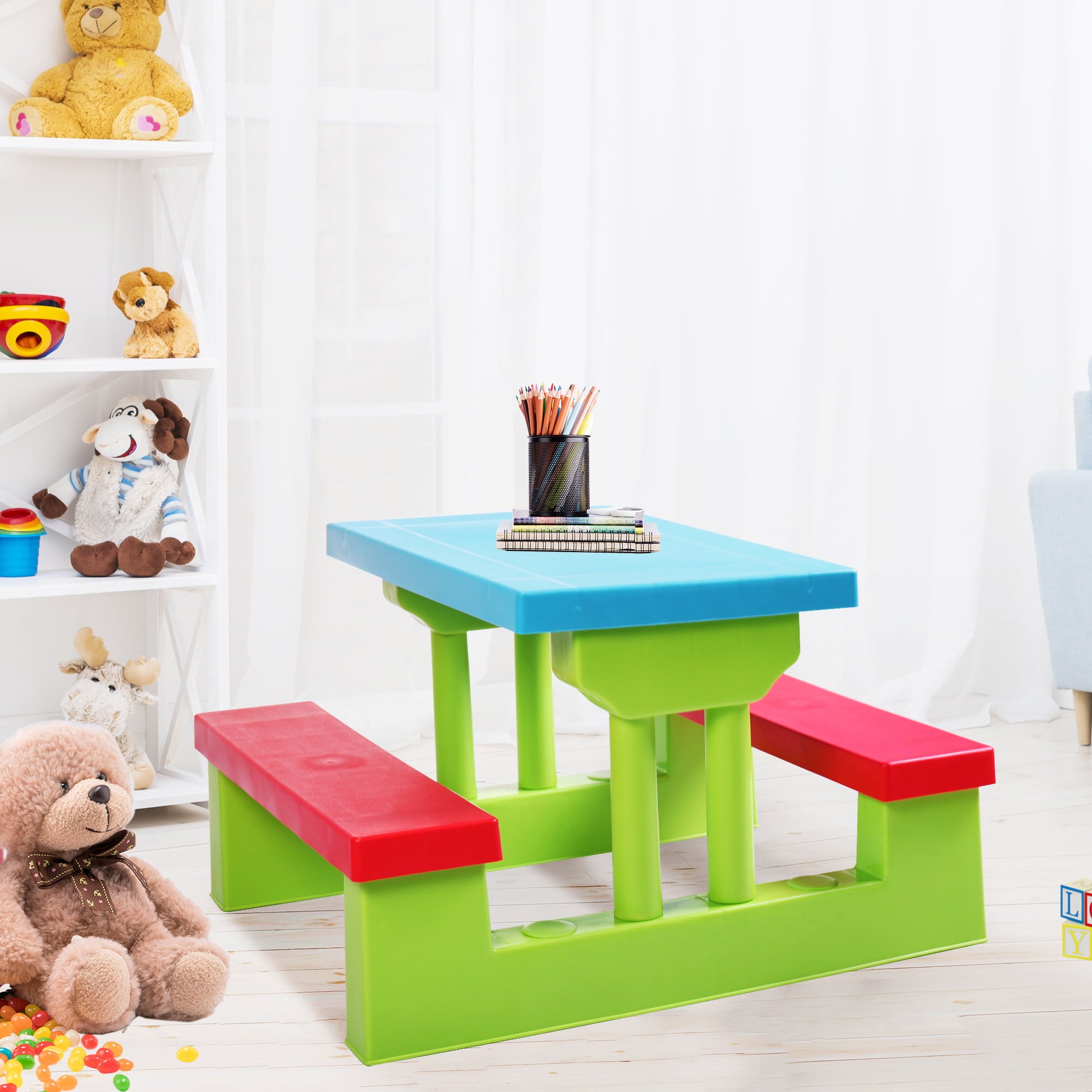 Tobbi 4 Seat Kids Picnic Table Bench Set Colorful Portable Garden Yard Bench W/ Removable Umbrella