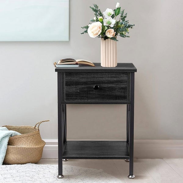 End Table/Side Table with Drawer and Open Storage Shelves and X Side Structure， Nightstand，Table for Bedroom Living Room