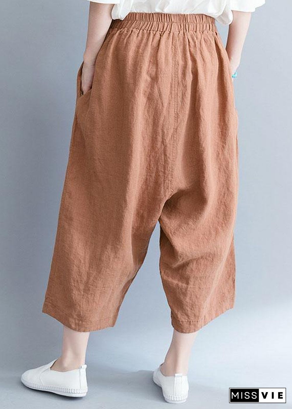 summer new khaki cotton linen pants plus size elastic waist crop pants