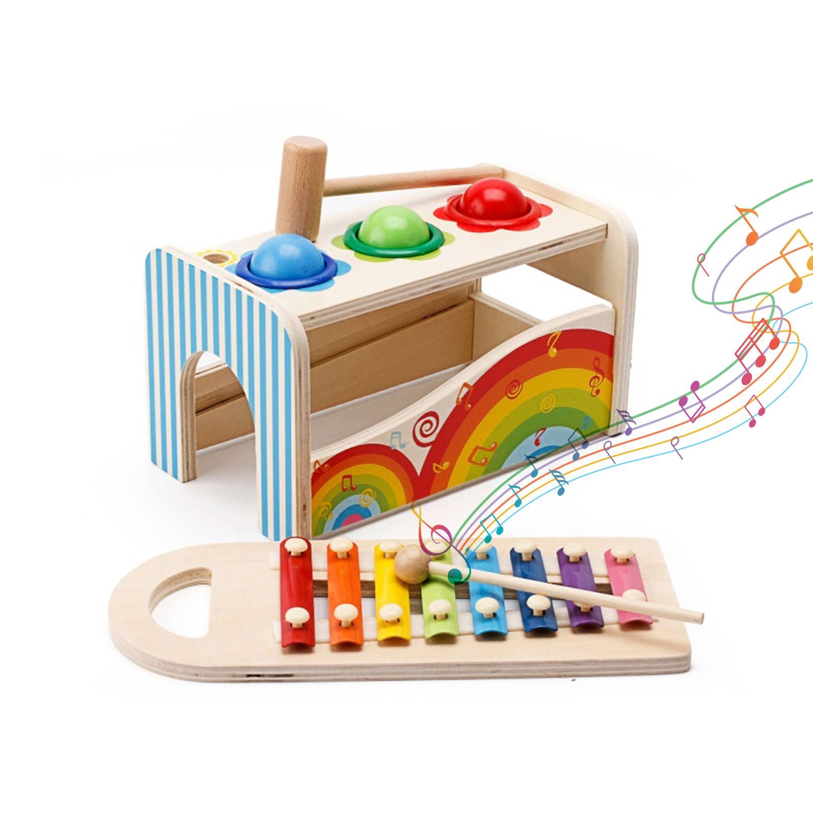 Eccomum Wooden Pounding and Hammer Toy Pound A Ball Toy with Slide Out Xylophone Wooden Educational Pounding and Hammer Montessori Musical Toys