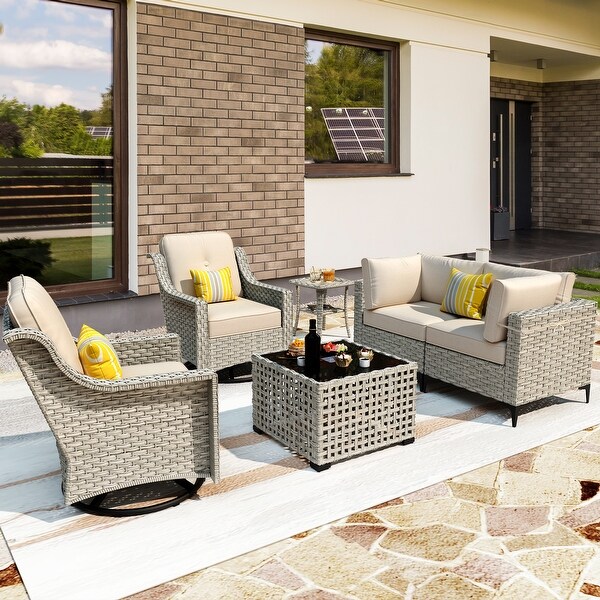 OVIOS 6 Pieces Outdoor Wicker Swivel Chair Set With SolarPowered Coffee Table