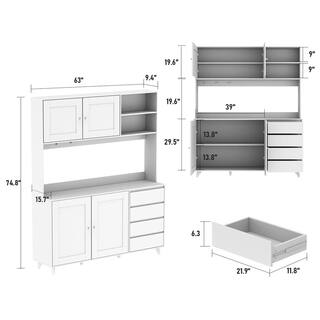 FUFUGAGA 63 in. L Brown Wood Buffet Sideboard Pantry Cabinet with 4-Drawers Hooks Open Shelves Doors for Kitchen Dining Room KF210128-023