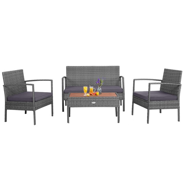 Tangkula Patio Rattan 4pcs Cushioned Chair Side Table Set Bistro Set Classic Furniture Single Sofa Thick Cushion Loveseat For Garden Black grey