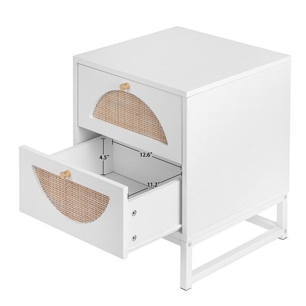 Allen 2 Drawer Nightstand Set of 2，White，Natural Rattan，Display Rack for Bedroom and Living Room