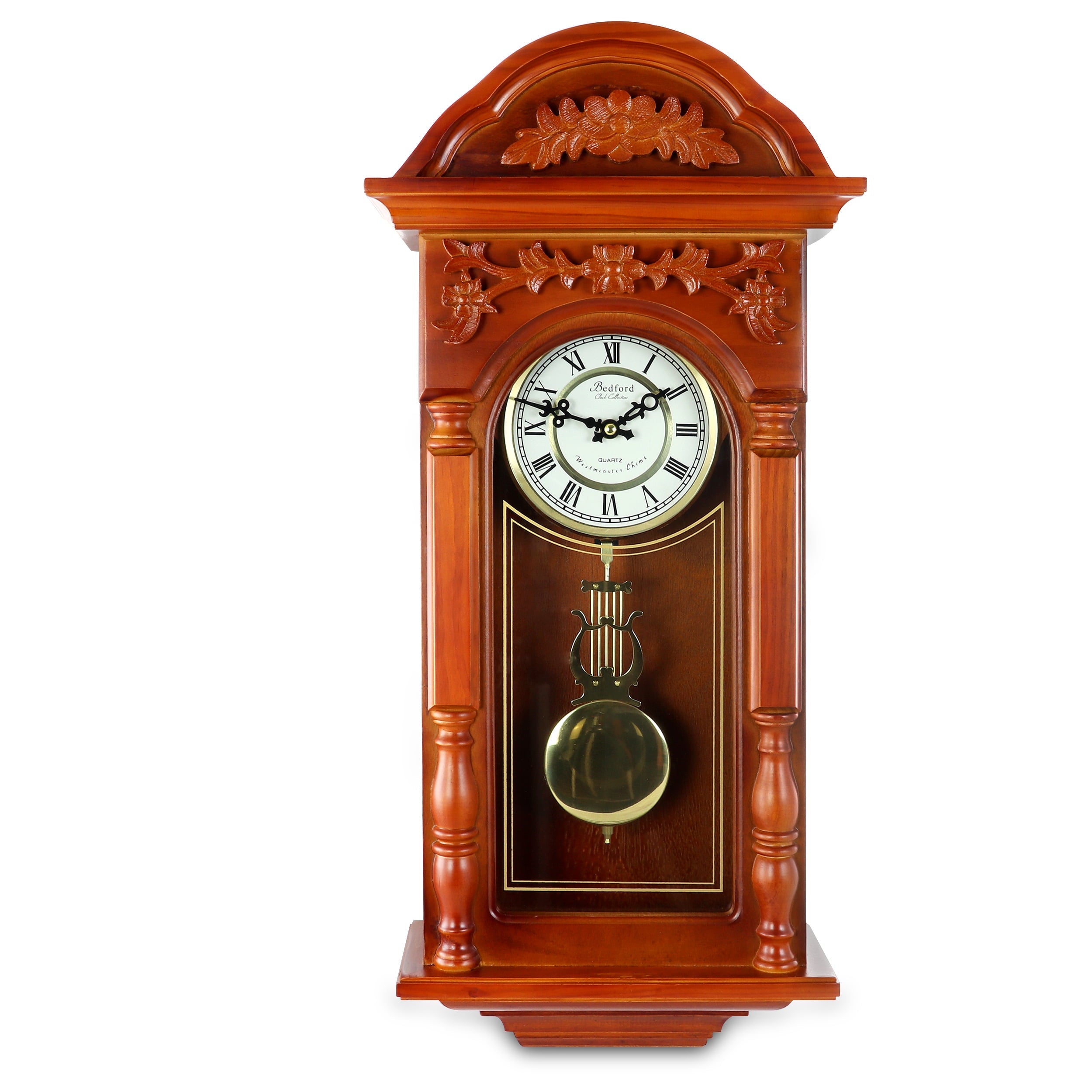 Bedford Clock Collection 27.5" Antique Chiming Wall Clock with Roman Numerals in a Padauk Oak Finish