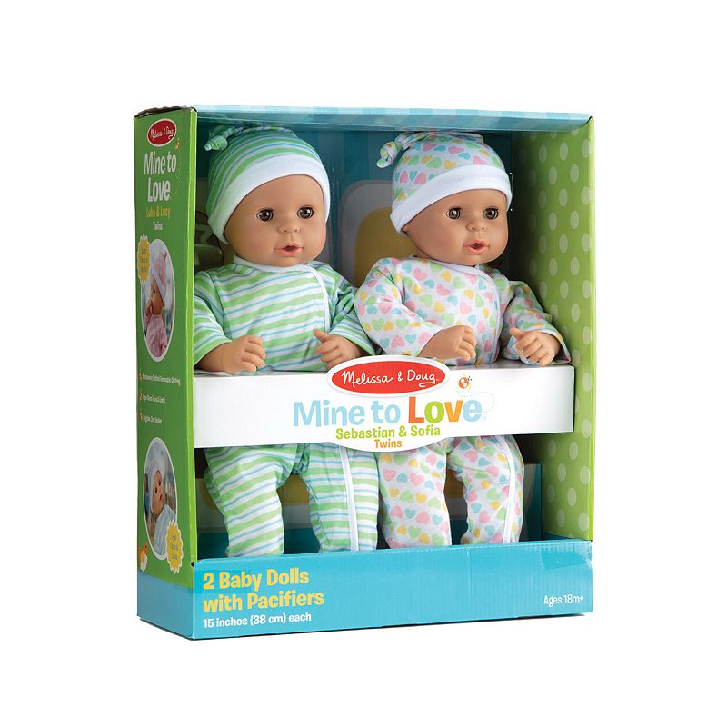 Melissa and Doug Mine to Love Twins Sebastian and Sofia 15 Medium Skin-Tone Boy and Girl Baby Dolls with Rompers， Caps， Pacifiers