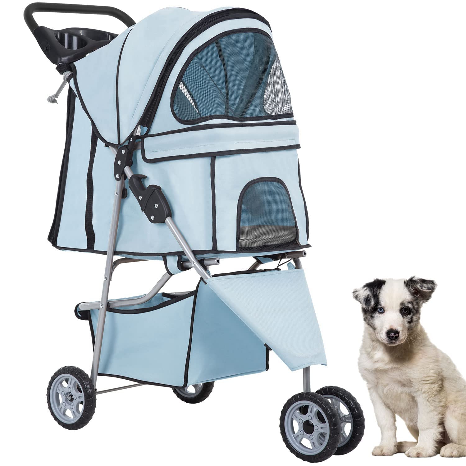 BestPet 3 Wheels Pet Stroller Folding with Cup Holder and Removable Liner，Light Blue