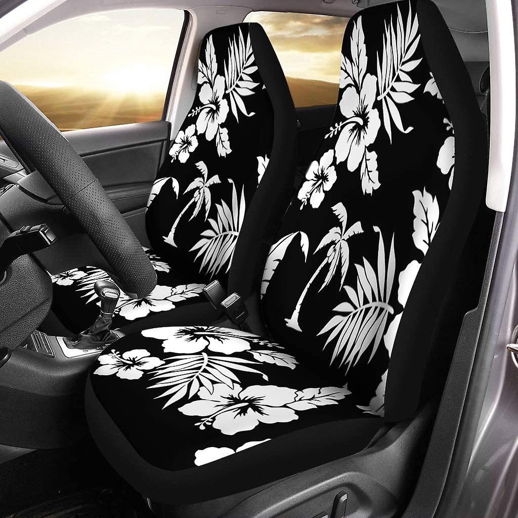 Set Of 2 Car Seat Covers Black White Hibiscus Flowers Coconut Tree Universal Auto Front Seats Protector Fits For Car，suv Sedan，truck