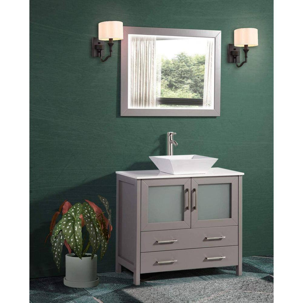 Vanity Art Ravenna 36 in. W Bathroom Vanity in Grey with Single Basin in White Engineered Marble Top and Mirror VA3136-G