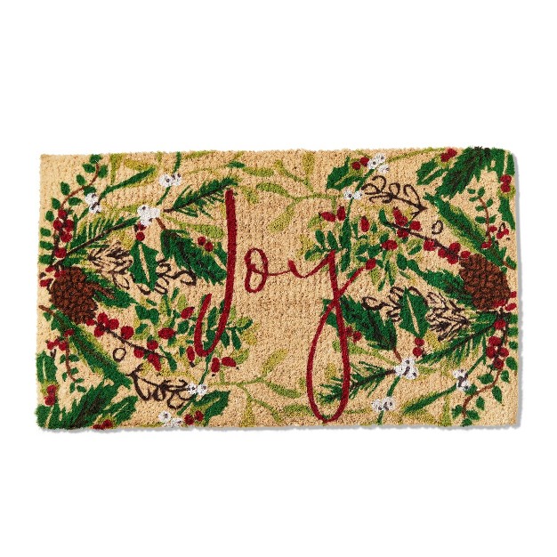 Red Joy Sprig Sentiment Holly Rectangle Indoor Outdoor Coir Door Welcome Mat Multicolored On Beige Background