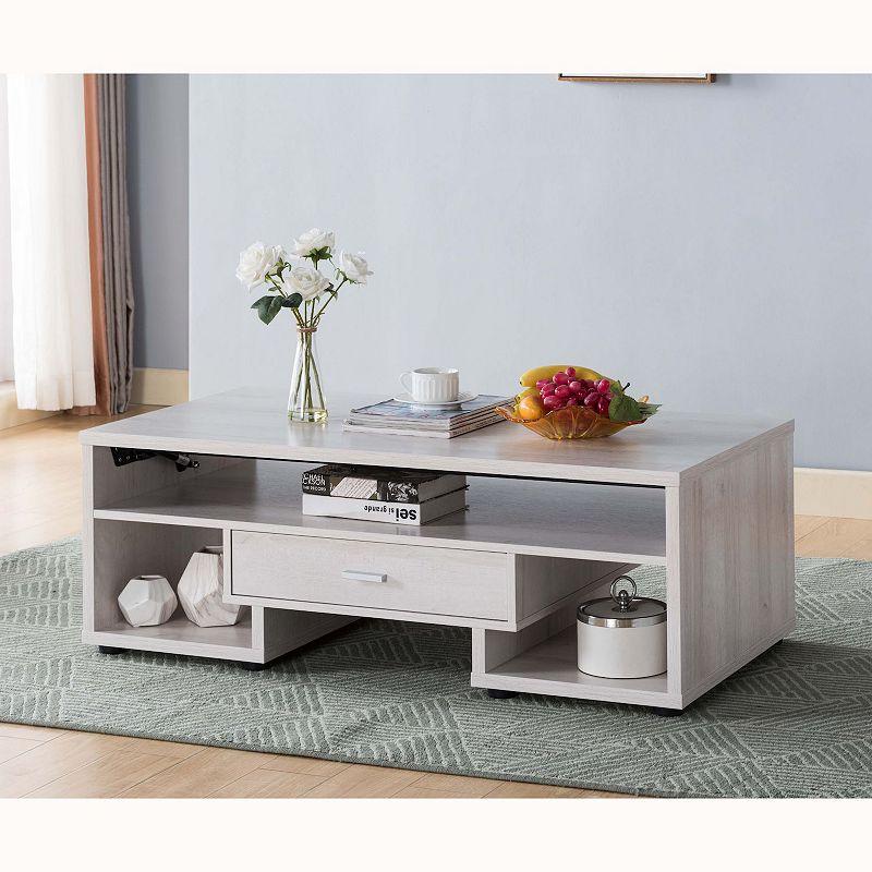 FC Design  3-Shelf White Oak Coffee Table with Pull Up Top and Center Drawer