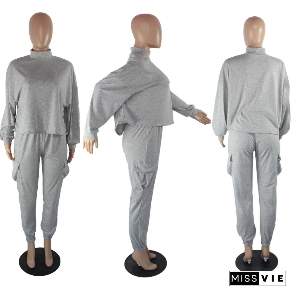 Solid Long Sleeve Pullover Drawstring Loose Pants Tracksuit