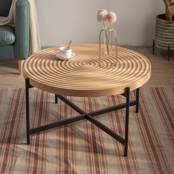 Modern Thread Design Round Coffee Table with Concentric Circular Pattern， MDF Table Top with Cross Legs Metal Base